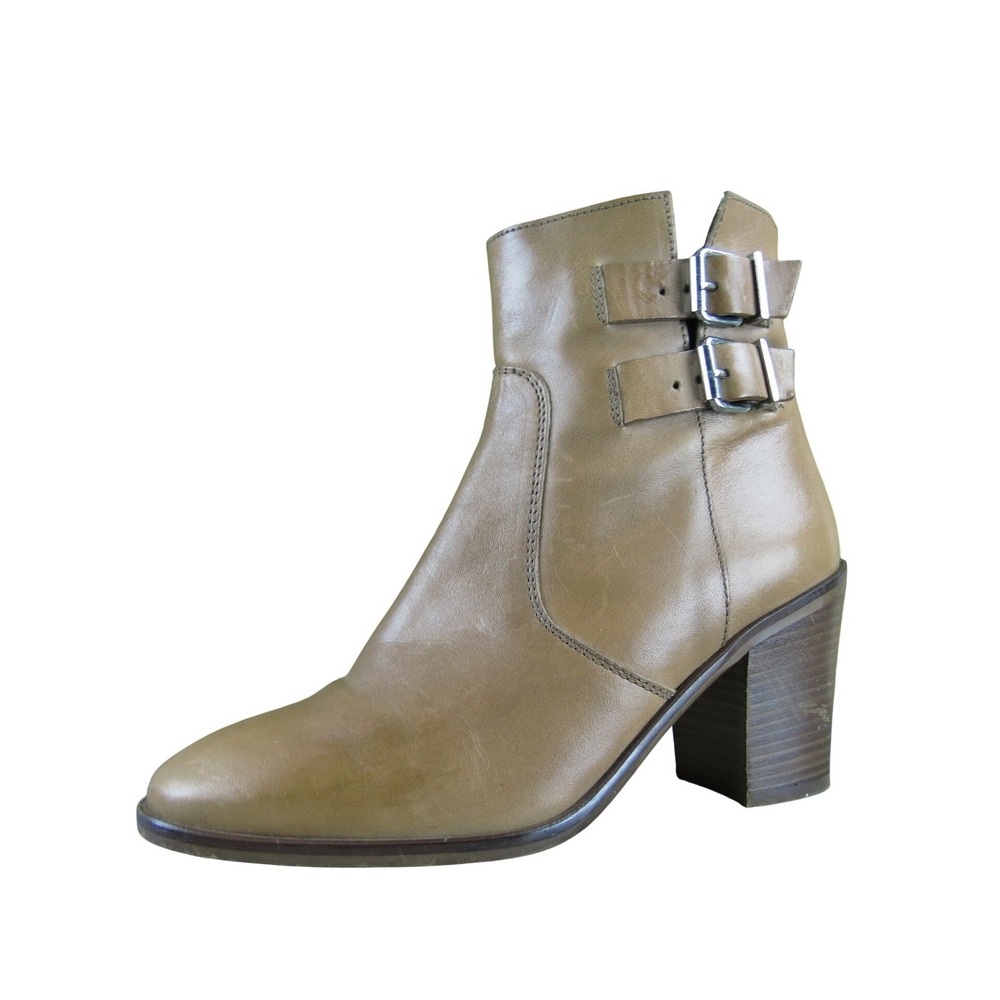 J. Crew Dean Women's 9.5 Tan Leather Bootie Block Heel Side Zip Buckle Detail
